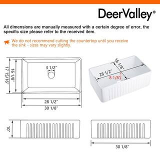 DEERVALLEY Harvest White Ceramic 30 in. L x 18 in. W Rectangular Single Bowl Farmhouse Apron Kitchen Sink with Grid and Strainer DV-1K026