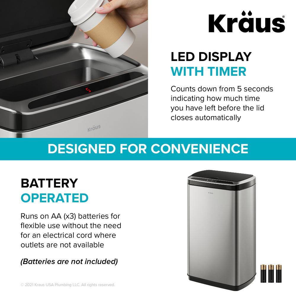 KRAUS Garbage Pro Rectangular 13 Gal. Motion Sensor Trash Can in Stainless Steel with Soft Shut Lid KTCS-10SS