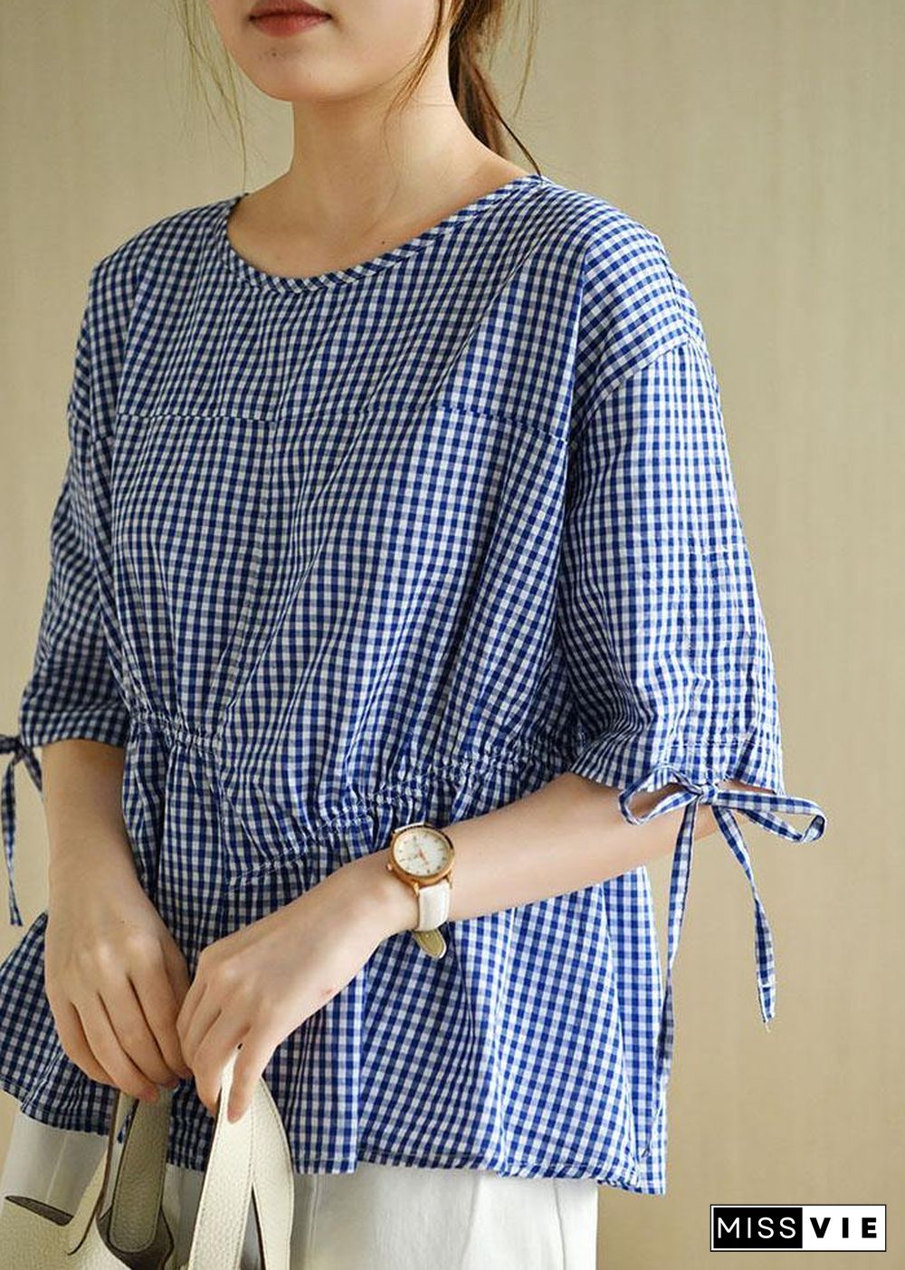 French Blue Plaid Patchwork Drawstring Summer Cotton Half Sleeve Blouse Top