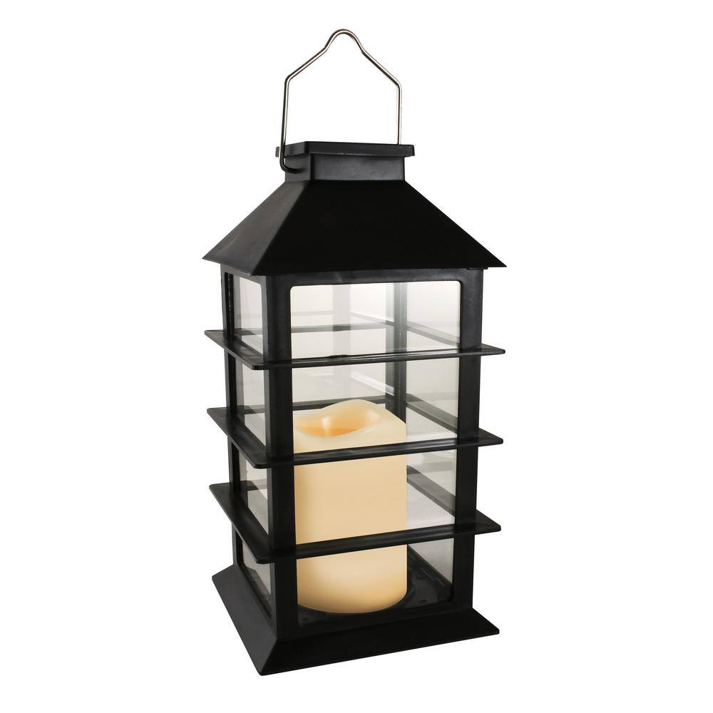 LUMABASE Horizontal Black Solar Powered Lantern with LED Candle 62301