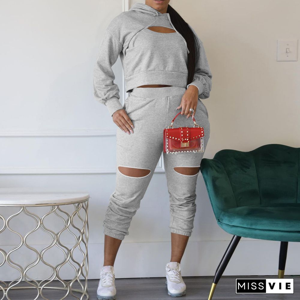 Cut Out Hoodies Sweatshirt Pencil Pants Two Piece Set