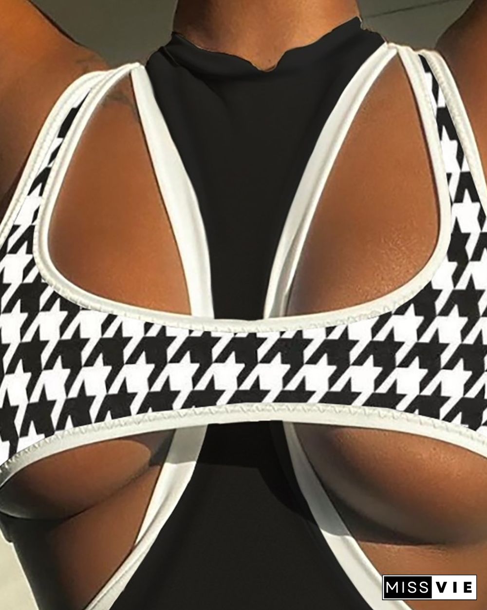 Houndstooth Print Cutout Tank Top