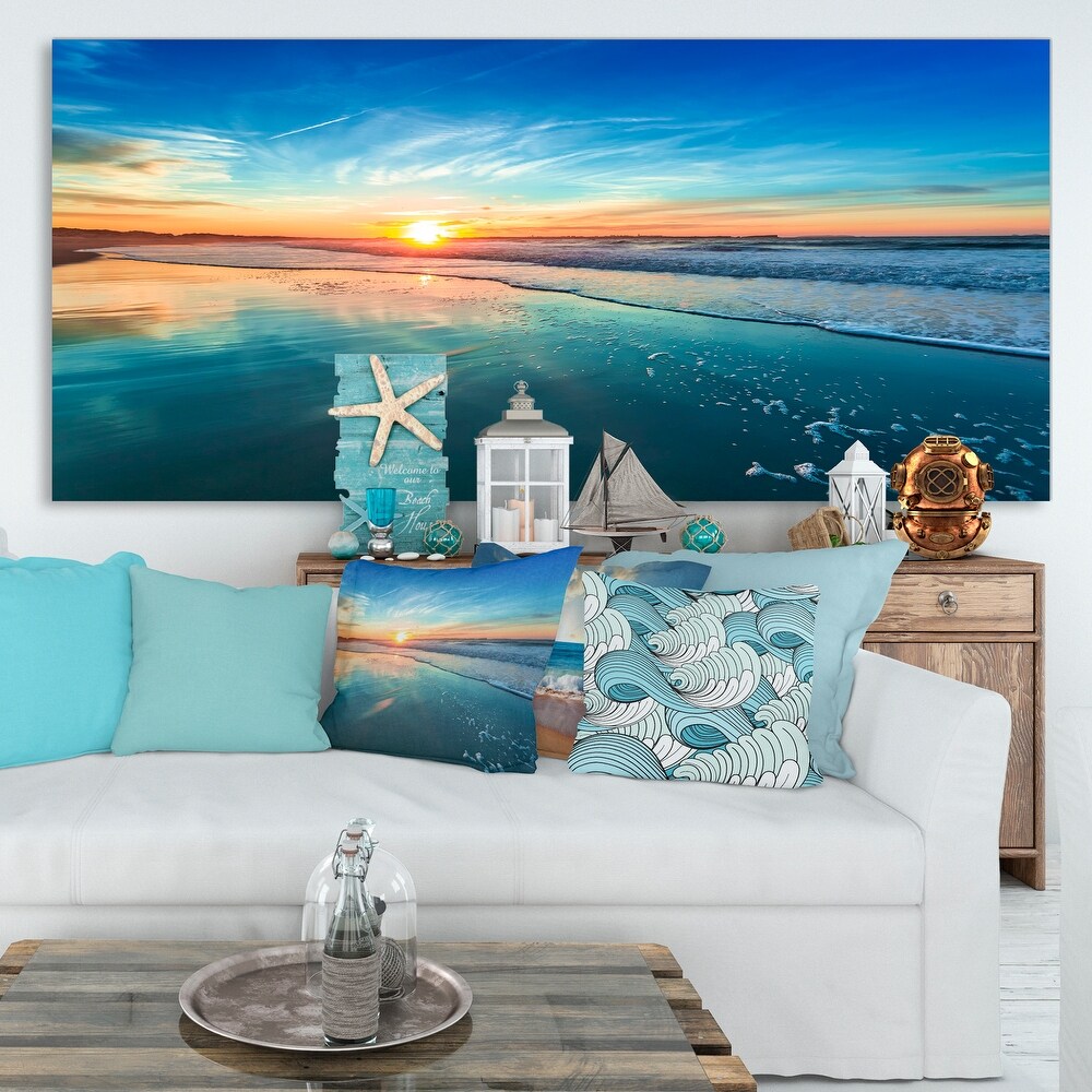 Blue Seashore with Distant Sunset   Seashore Canvas Wall Art