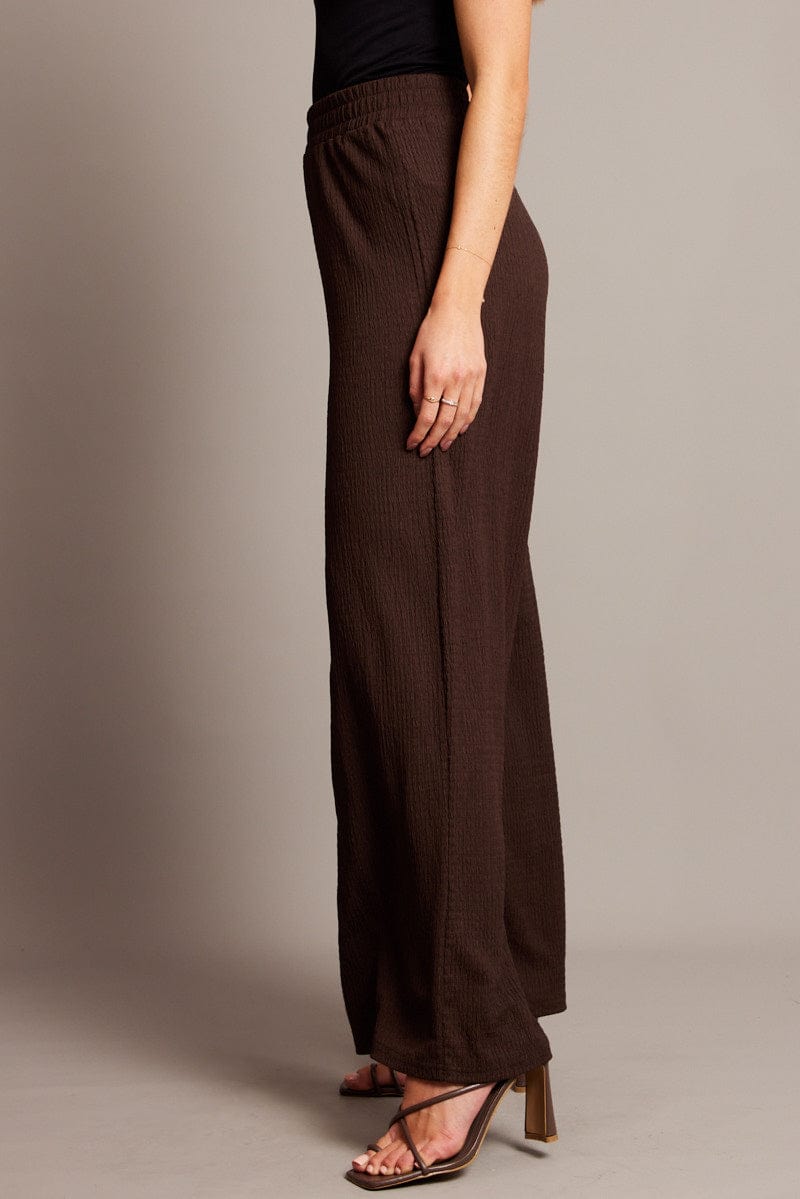 Brown Wide Leg Pants High Rise Textured Fabric