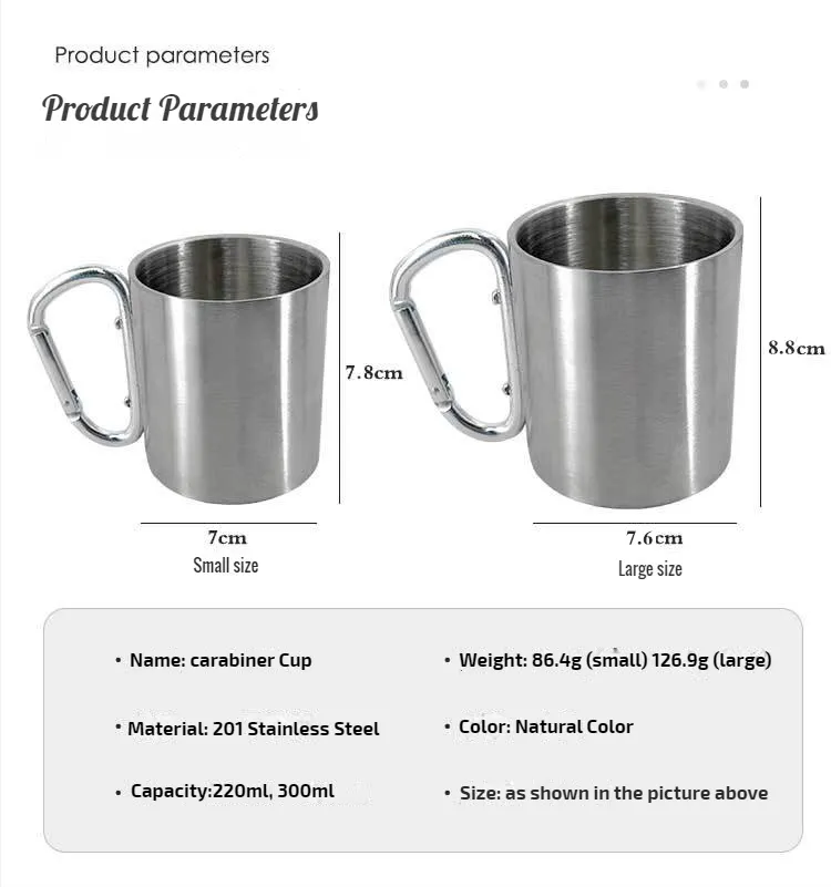 Picnic Outdoor Water Cup Portable Coffee Mug Stainless Steel Wall Mug Camping Mug with Carabiner