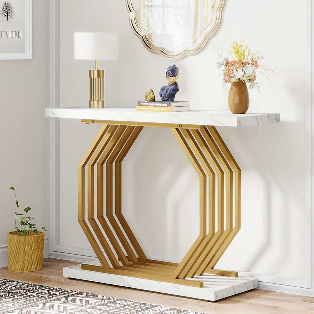 Gold Console Table  Faux Marble Entryway Table Narrow Sofa Table   40 Inch Modern Accent Table with Geometric Metal Base