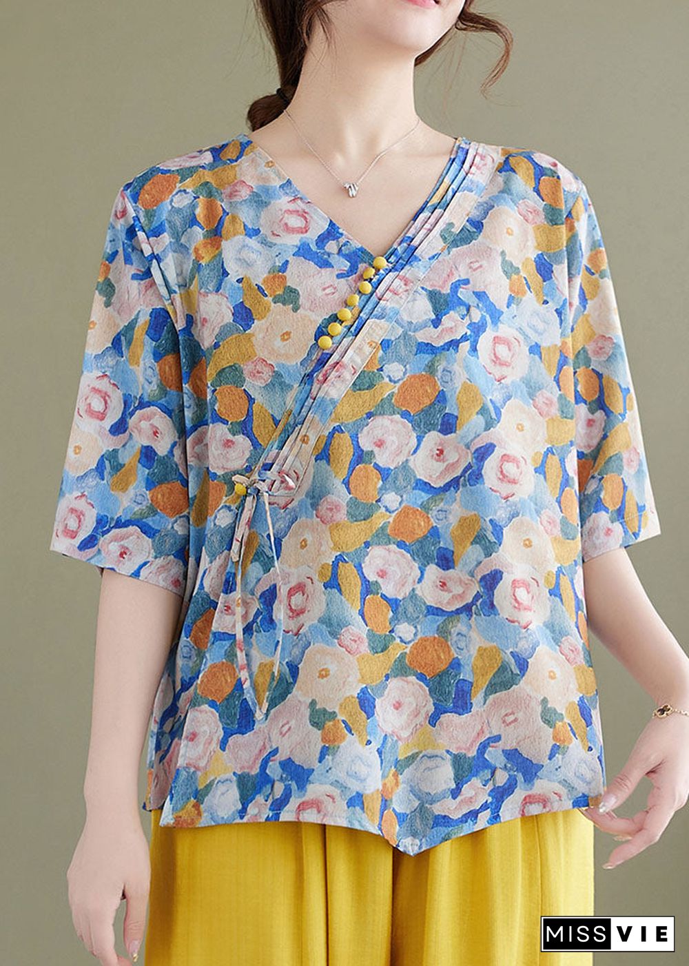 Vintage Blue V Neck Print Patchwork Cotton Shirt Tops Summer