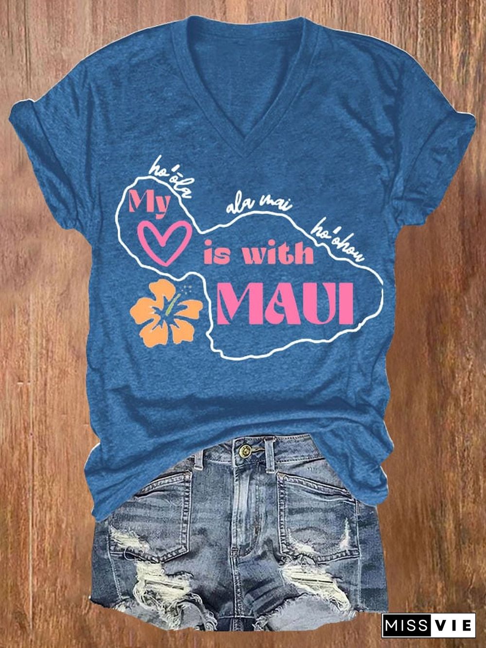 Women's Maui Strong My Heart Is With Maui Print Short Sleeve T-Shirt