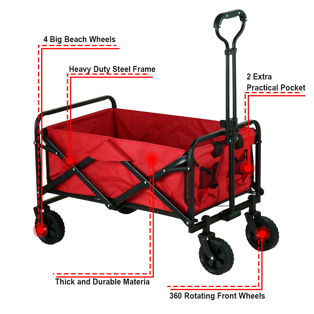 Heavy Duty Collapsible Folding Cart, All Terrain Utility Wagon Beach Outdoor Camping Garden Cart with Universal Wheels & Adjustable Handle, Red