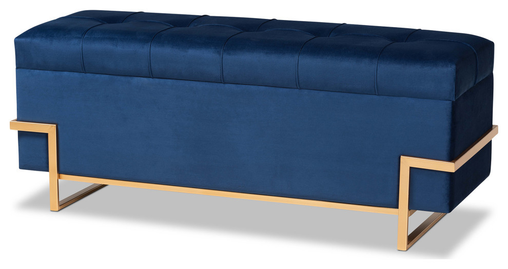 Willard Glam Luxe Navy Blue Velvet Upholstered and Gold Metal Storage Ottoman   Contemporary   Footstools And Ottomans   by VirVentures  Houzz