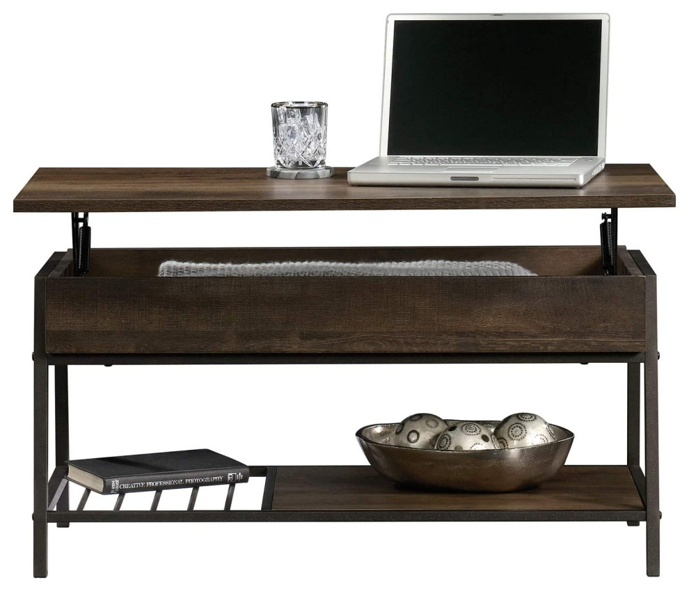 Industrial Coffee Table  Metal Frame With Lift Up Top  ampLower Shelf  Smoked Oak   Industrial   Coffee Table Sets   by Declusia  Houzz