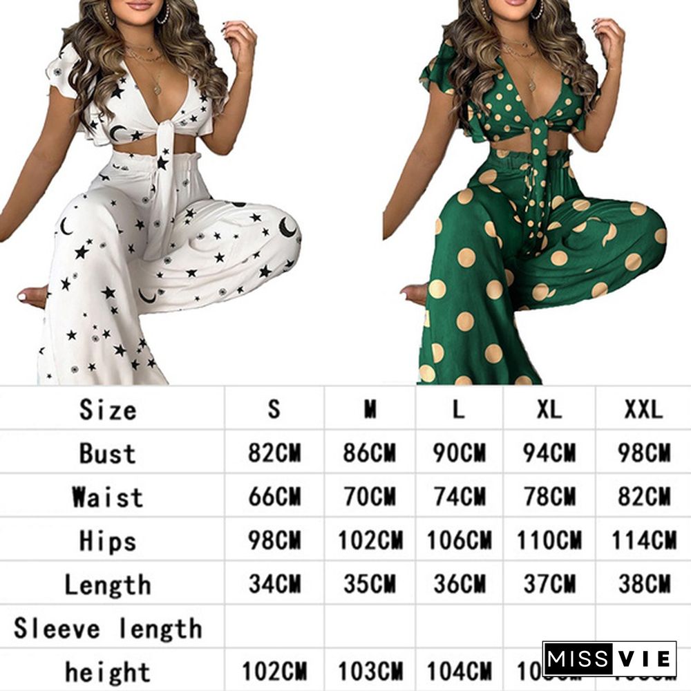 New Summer Women Fashion Casual 2 Piece Set Front Sleeveless Print Crop Top & High Waist Wide Leg Pants Suit Two Piece Set Outfit Plus Size Vestidos