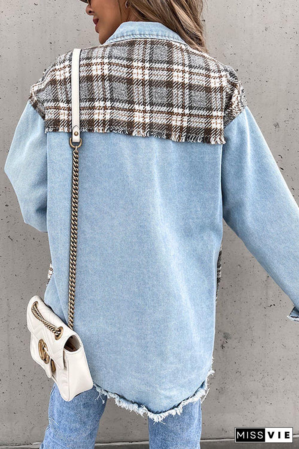 Checked Patchwork Pockets Denim Jacket