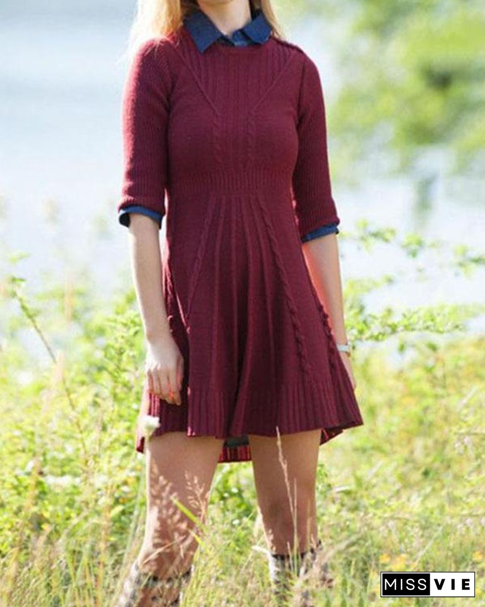 Solid Long Sleeves A-line Above Knee Crew Neck Dress