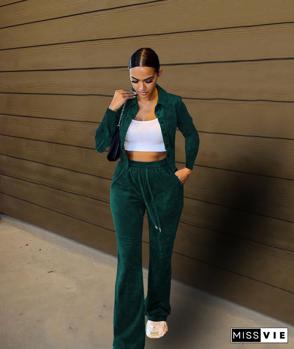 Velvet Button Crop Jacket Joggers Pants Set