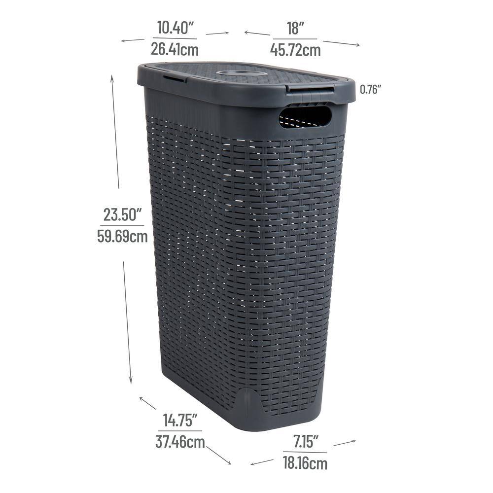 Mind Reader Basket Collection Slim Laundry Hamper 40 Liter Cut Out Handles Attached Hinged Lid Ventilated Set of 2 Gray 40HAMP2PK-GRY