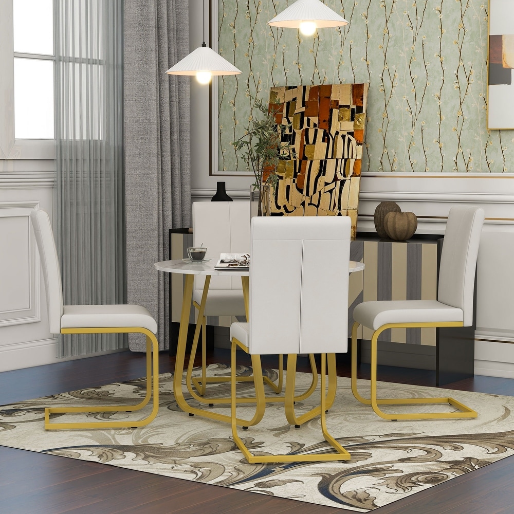 5 Piece Round Dining Table Set with Faux Marble Dining Table and Four Upholstered Dining Chairs with Metal Legs for Dining Room