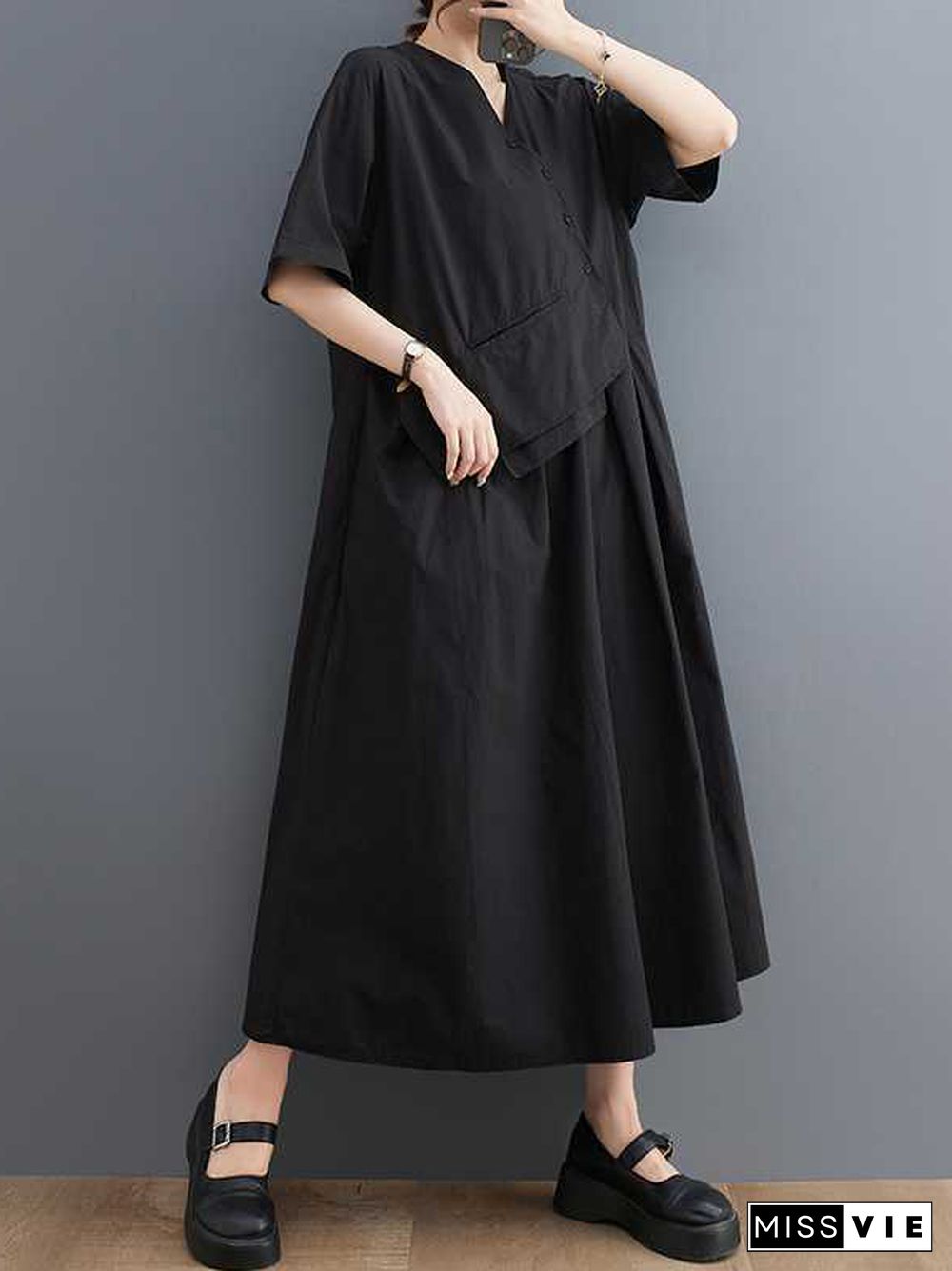 Loose Short Sleeves Pleated Solid Color Split-Joint V-Neck Midi Dresses