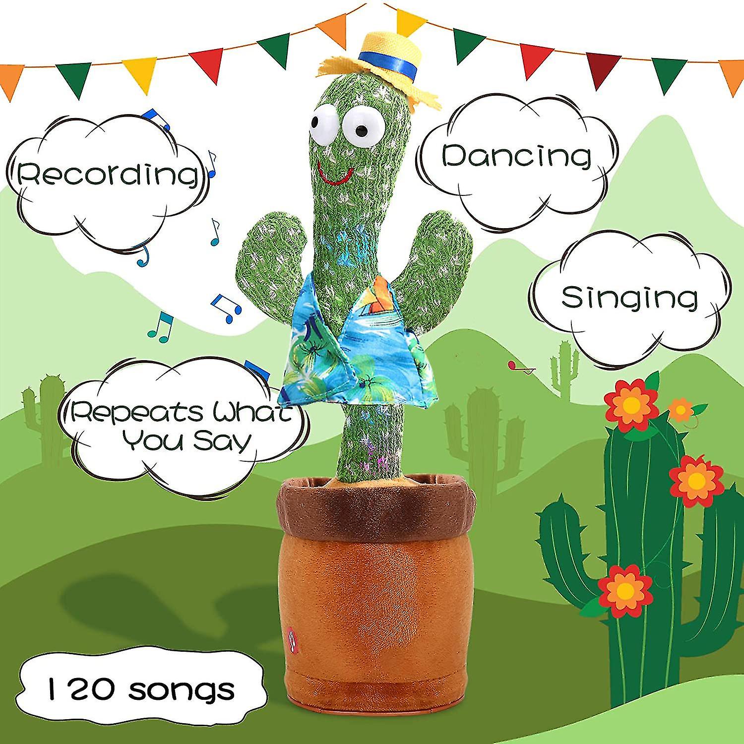 Talking Dancing Cactus Toy With Lighting Singing Recording That Repeats What You Say， English Version