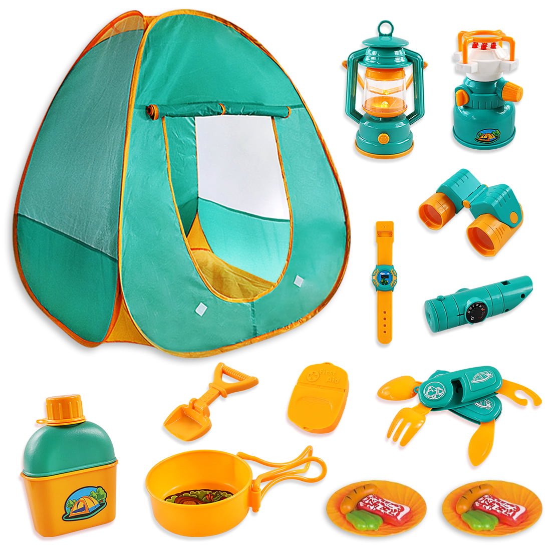 Kids Camping Play Tent Gear Set with Pretend Equipment Tool Indoor Outdoor Toys for Toddlers