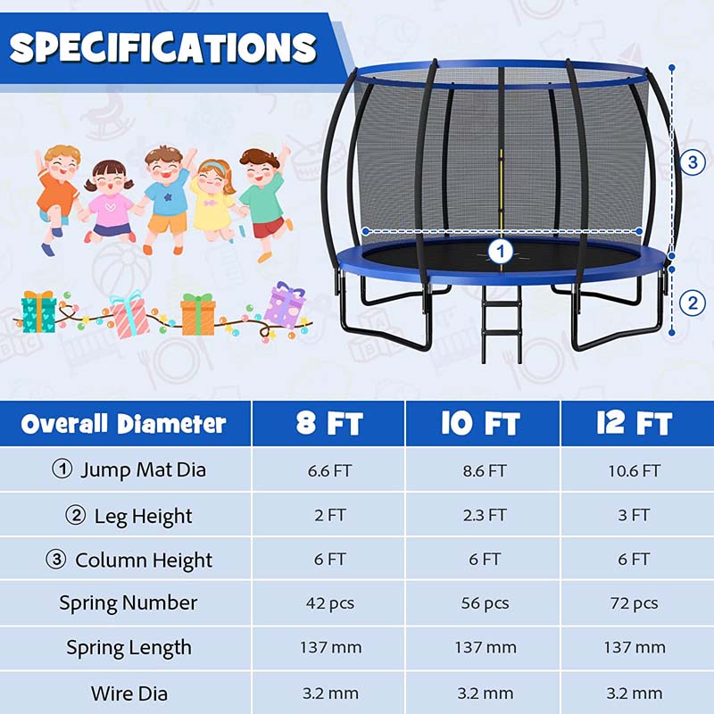 8/10/12FT ASTM Approved Outdoor Large Recreational Trampoline with Ladder & Enclosure Net Safety Pad