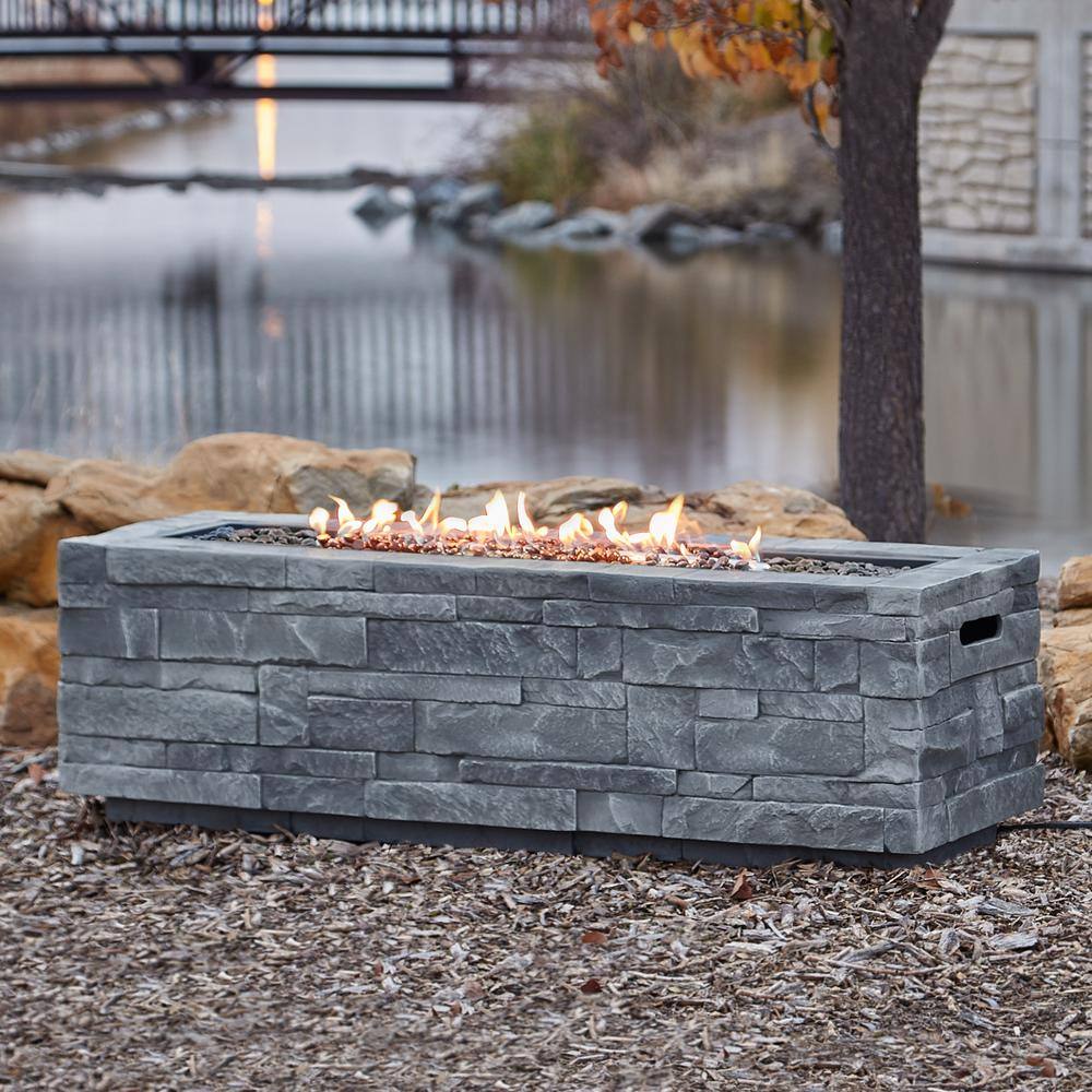 Real Flame Ledgestone 48 in. x 15 in. Rectangle MGO Propane Fire Pit Table in Gray Ledgestone with NG Conversion Kit CT0003LP-GLS