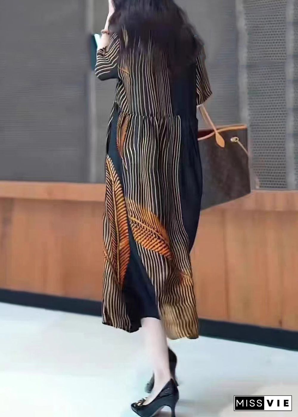 Fashion Black V Neck Print Patchwork Silk Long Dresses Summer