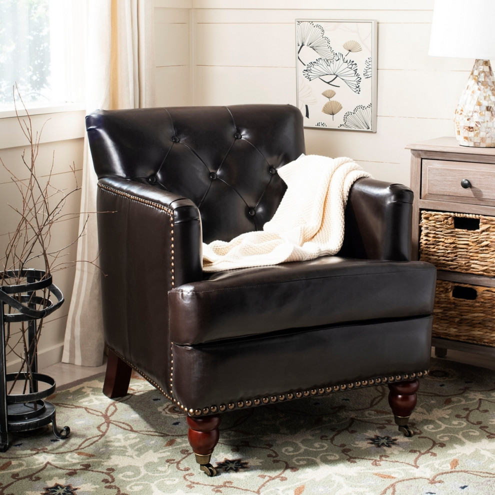 Leonard Tufted Club Chair With Brass Nail Heads Dark Brown/ Cherry Mahogany   Traditional   Armchairs And Accent Chairs   by Peachtree Fine Furniture  Houzz