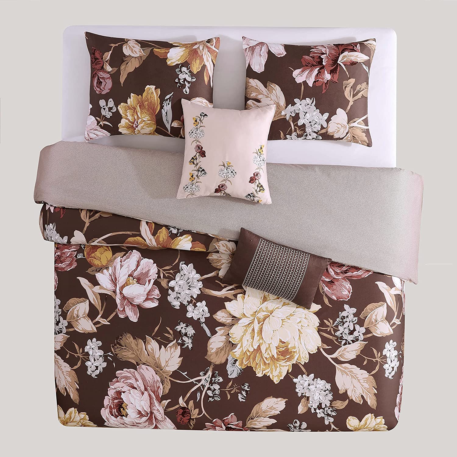 GEROBOOM Floral Garden 100% Cotton 5 Piece Comforter Set  Brown Floral Pattern Print Reversible All Seasons Soft Comforter Bedding Set  2 Shams  2 Pillows (King/Cal King)