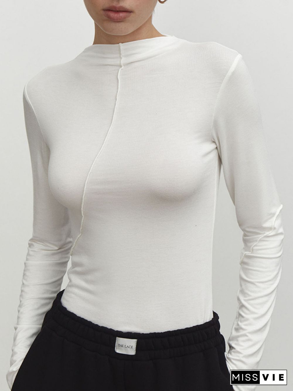 Long Sleeves Skinny Asymmetric Solid Color Mock Neck T-Shirts Tops