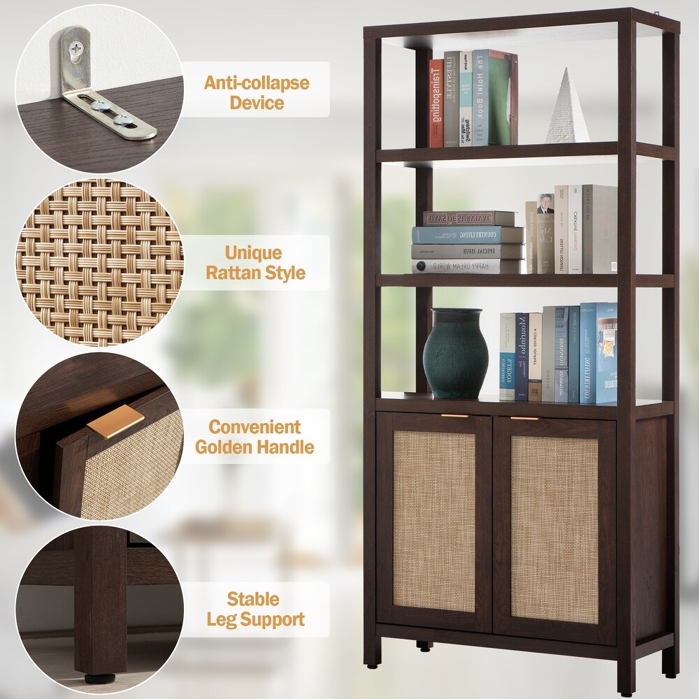 SICOTAS 5 Tier Adjustable Bookshelf with Rattan Storage Cabinet