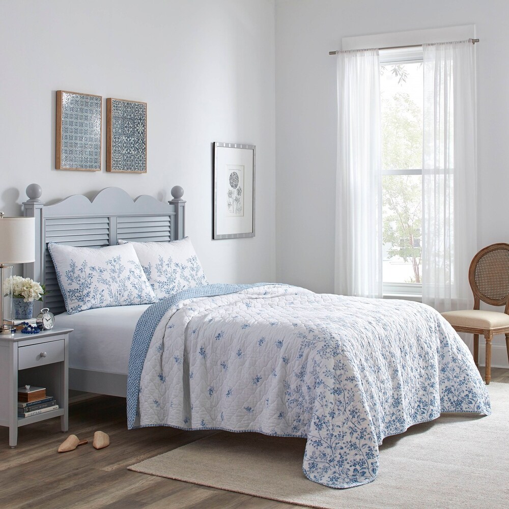 Laura Ashley Flora Cotton Reversible Blue Quilt Set