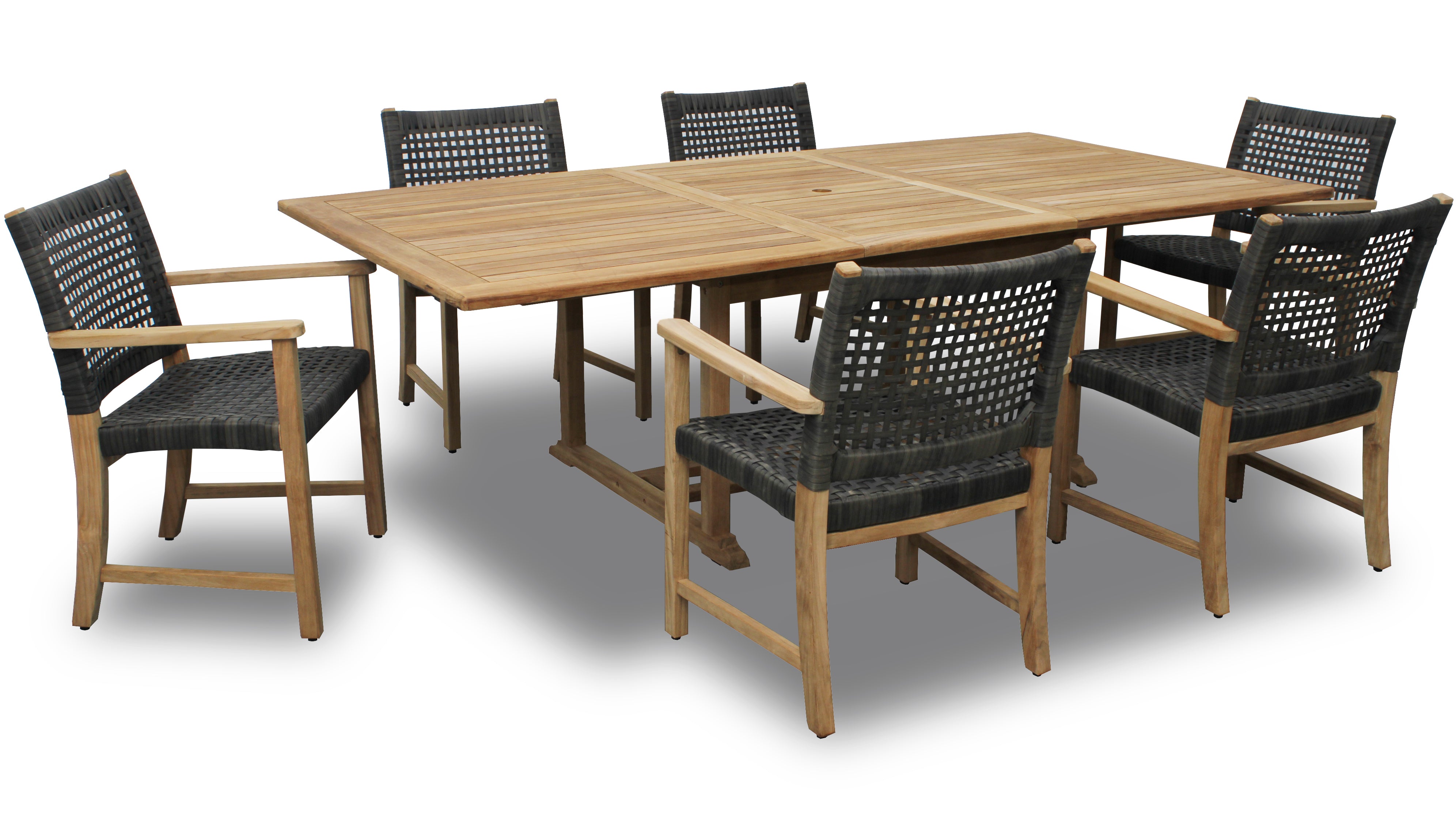 Bali Teak 7pc Outdoor Dining Set (Teak Rectangular Extendable Table 70-94 with 6 Woven Sanur Armchairs)