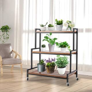 YIYIBYUS 37 in. x 31.1 in. x 13.8 in. Brown Metal Plant Stand with Wheels Indoor Outdoor Ladder Plant Flower Shelf Rack YLJHFWX8WDZJ8