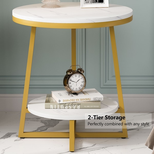 2 Tier Industrial Round Side End Table with Storage Living Room