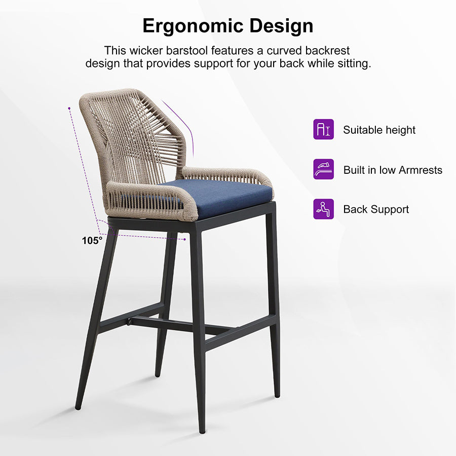 PURPLE LEAF Patio Sunbrella Bar Stools Set of 2  Rattan Bar Aluminum Bar Stool Outdoor Barstools with Back and Cushion for Garden Kitchen Island