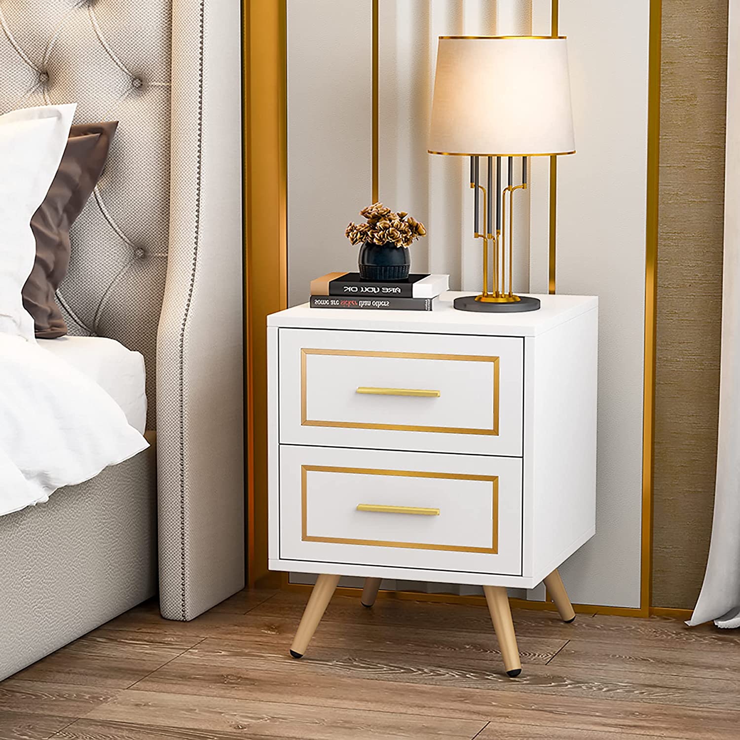 Tribesigns 2 Drawers Nightstand Sofa Table, Modern Wood Bedside Table for Bedroom with Metal Leg, White