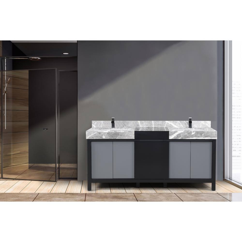 Lexora Zilara 72 in W x 22 in D Black and Grey Double Bath Vanity Castle Grey Marble Top and Matte Black Faucet Set LZ342272DLISFCM