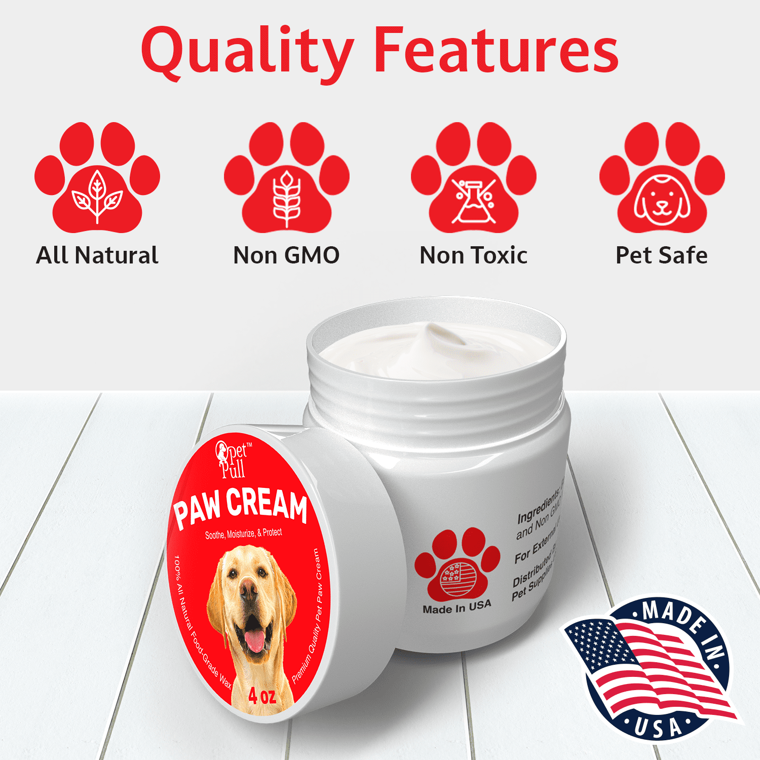 Pet Pull Paw Cream (4 oz) Dog Paw Protector for Heat， Cold and Rough Surfaces - Paw Moisturizer Balm with Natural Waxes and Oils - Puppy Invisible Boot Soothes， Moisturizes， Protects