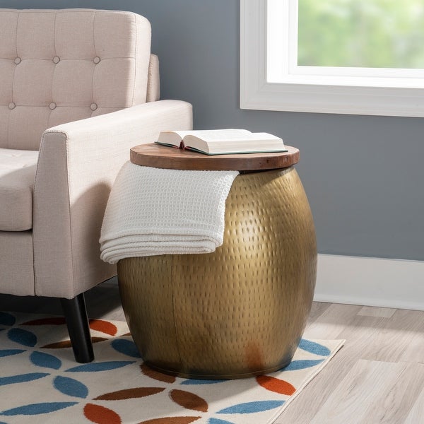 Kayvon Drum Side Table with Storage Gold