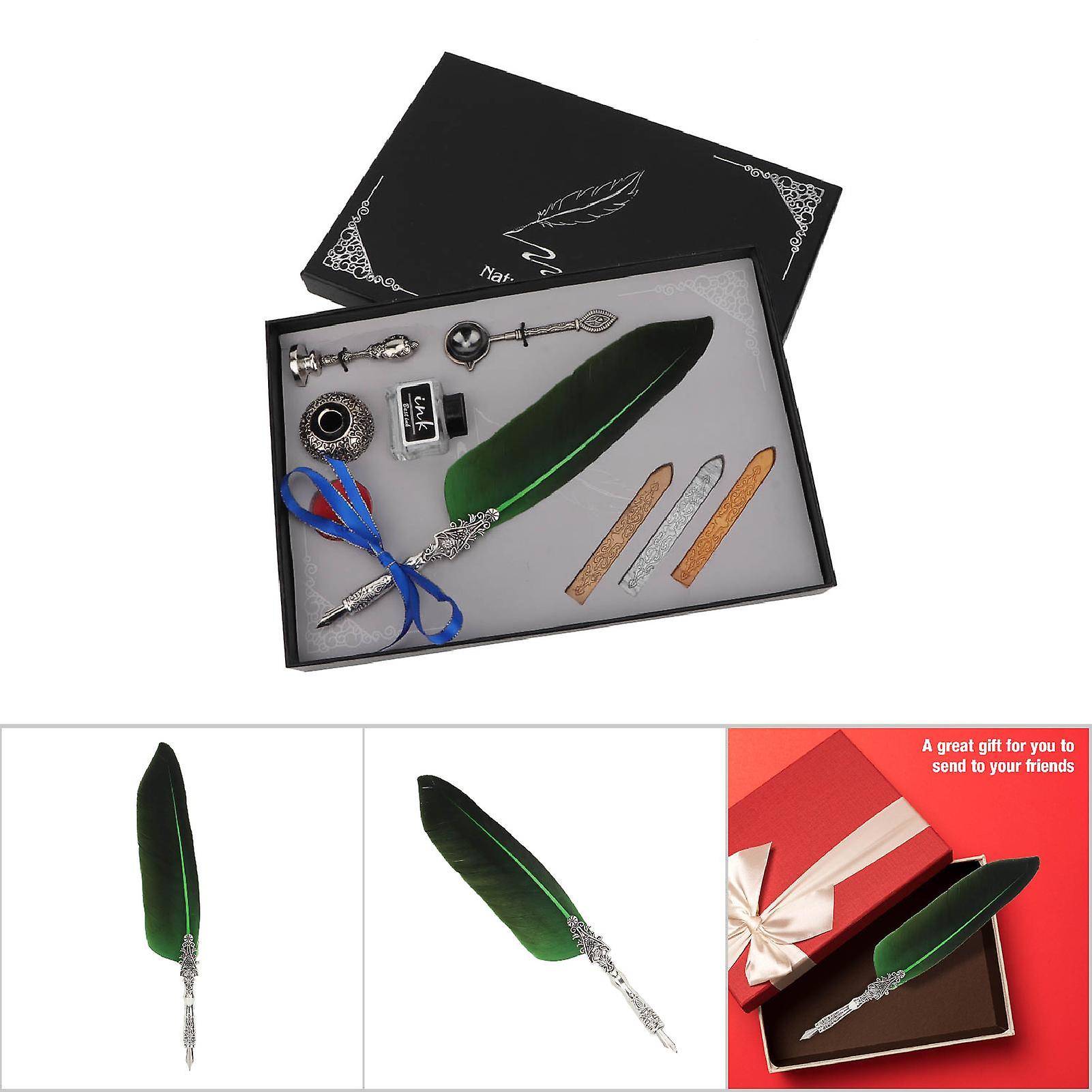 Vintage Retro Feather Dip Pen Alloy Nibs Calligraphy Writing Pen Gift With Box(green)