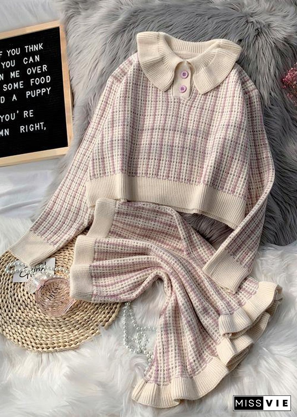 Korean version of short light purple sweater suit loose skirt two-piece suit