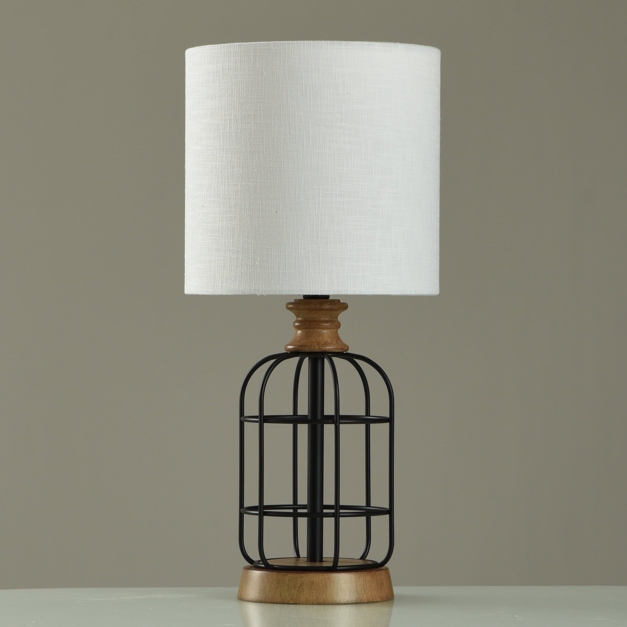 Mainstays Black Metal Cage Table Lamp with Wood Accents and Drum Shade, 17