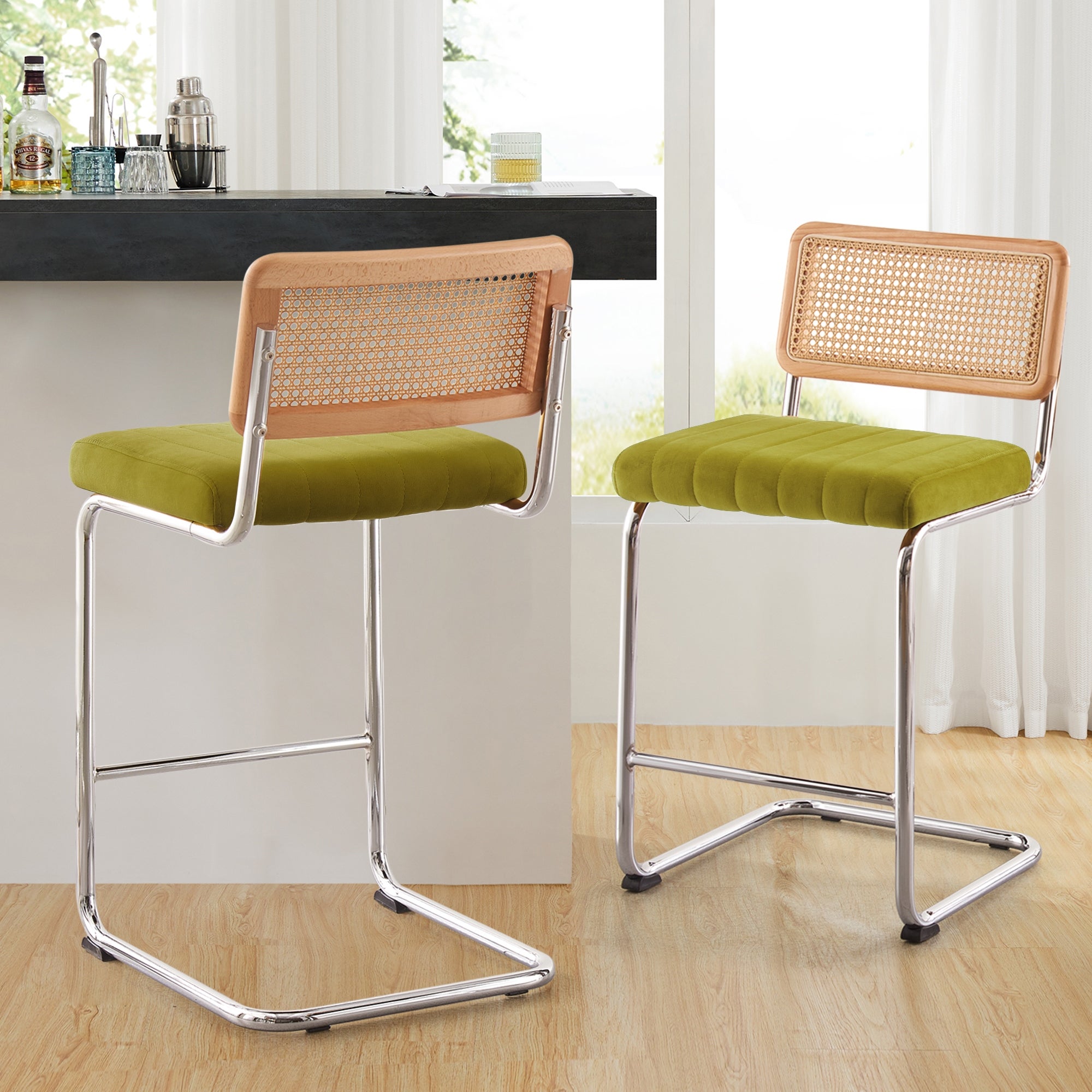 Modern Velvet Upholstered Bar/Counter Stools with Rattan Backrest