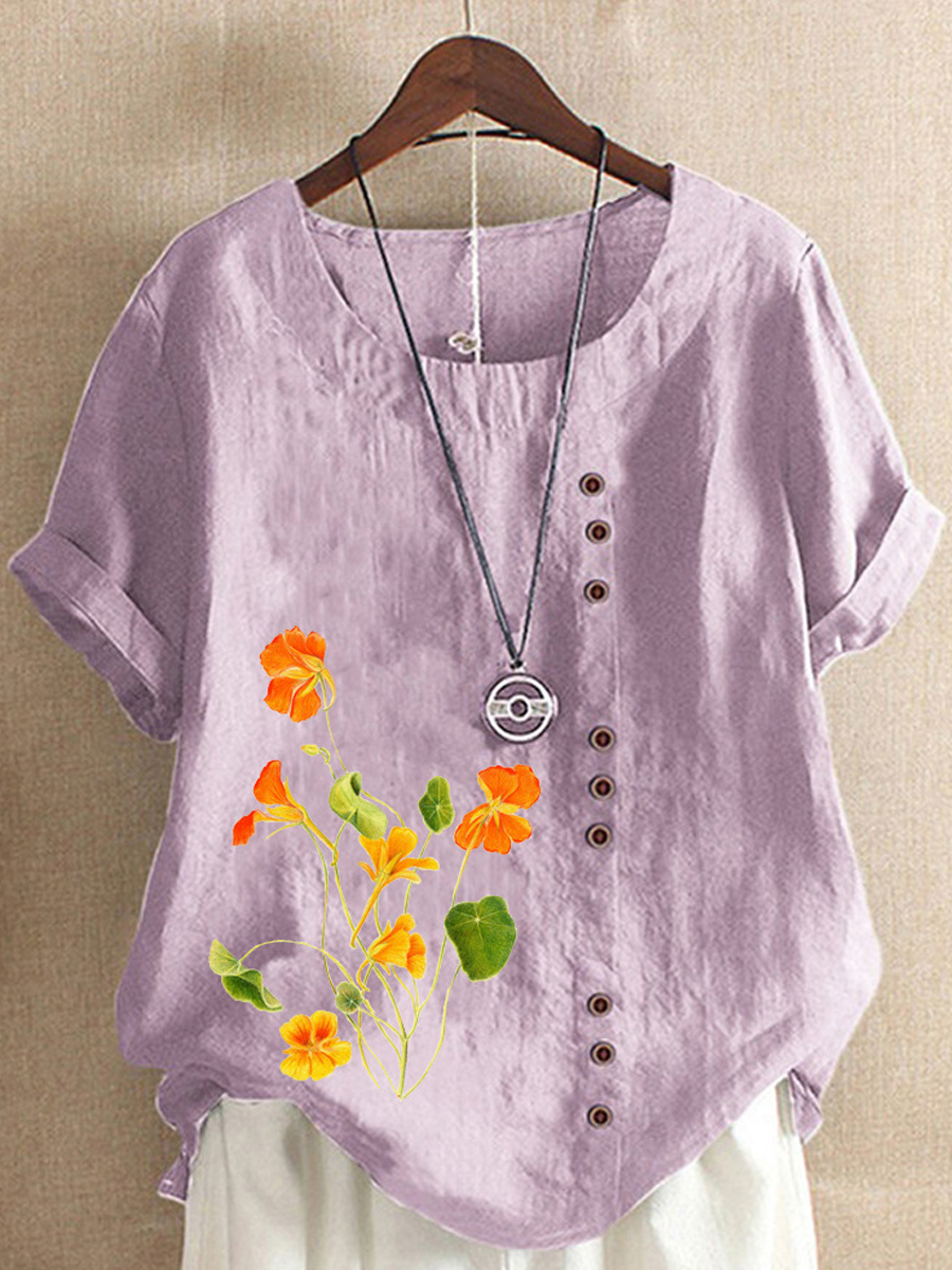 Casual Floral Print Crew Neck Short Sleeve Blouse