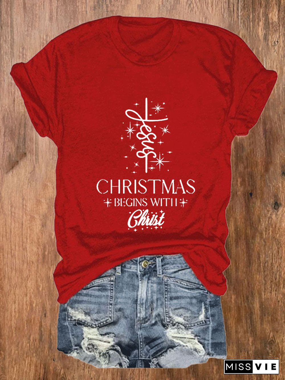 Women's Christmas Begins with Jesus Print O-Neck T-Shirt