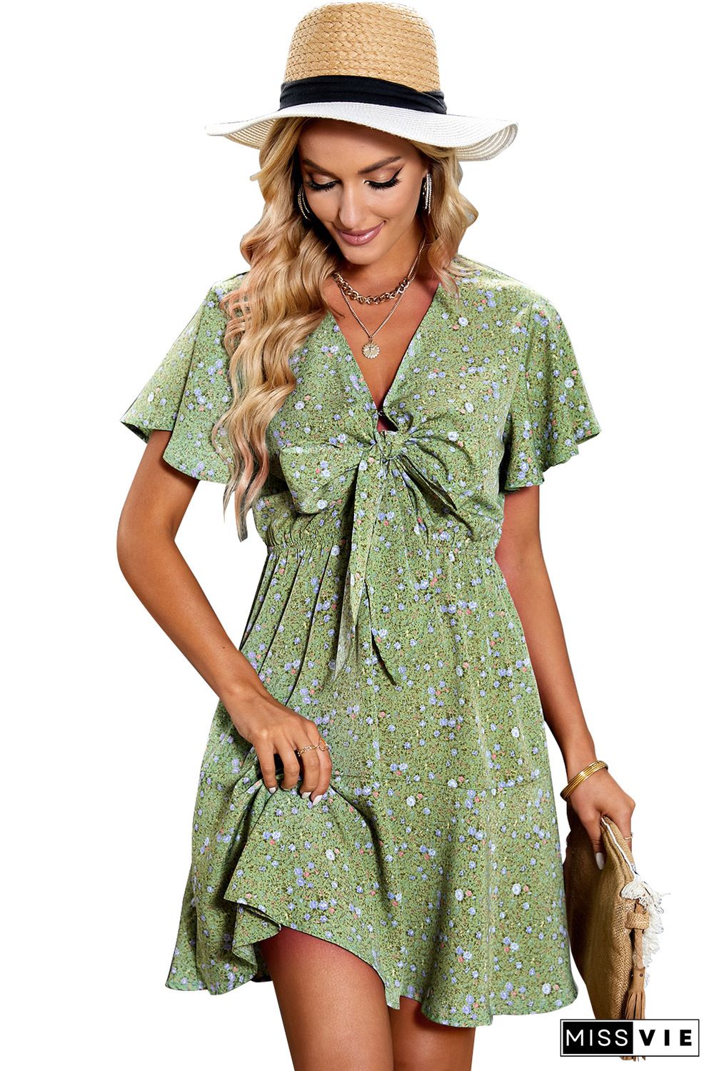 Geen Floral Print Tie Knot Ruffled Short Sleeve Mini Dress