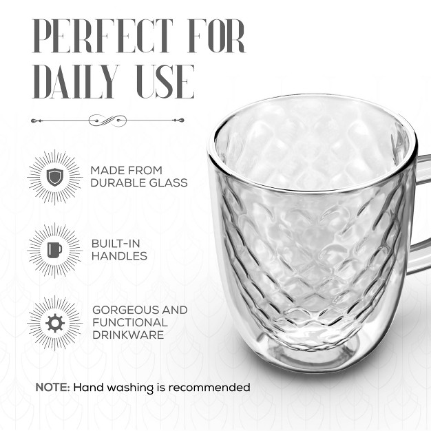 Elle Decor Set Of 2 Insulated Coffee Mug 13 oz Double Wall Diamond Design Glasses Glass Coffee Mug For Lattes Americano Espresso Clear