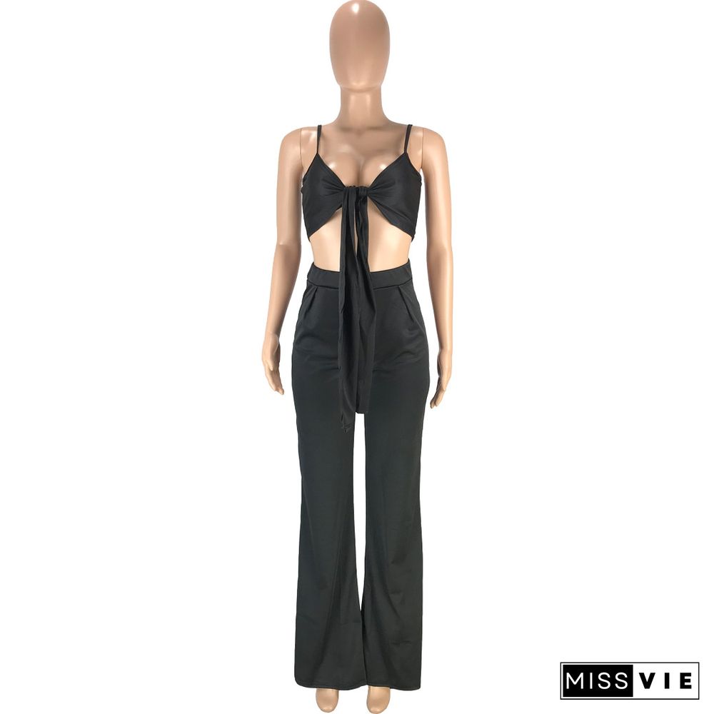 Sexy Solid Color Spaghetti Straps Bandage Wrap Chest Crop Top Loose Long Pants Two Piece Set