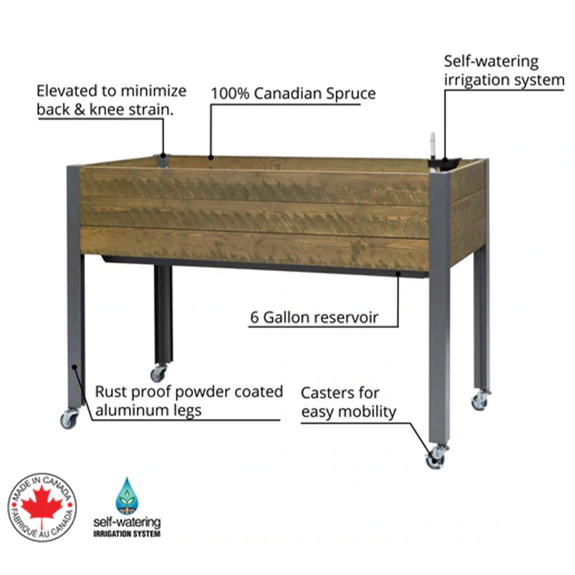 CedarCraft Self-Watering Elevated Spruce Planter w/ Wheels,21" x 47" x 32"H